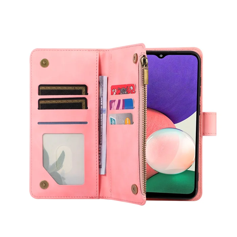 For Samsung Galaxy A12 Cell Phone Case 9 Card Slots Zipper Pocket Anti-scratch Leather Cover - Rose Gold