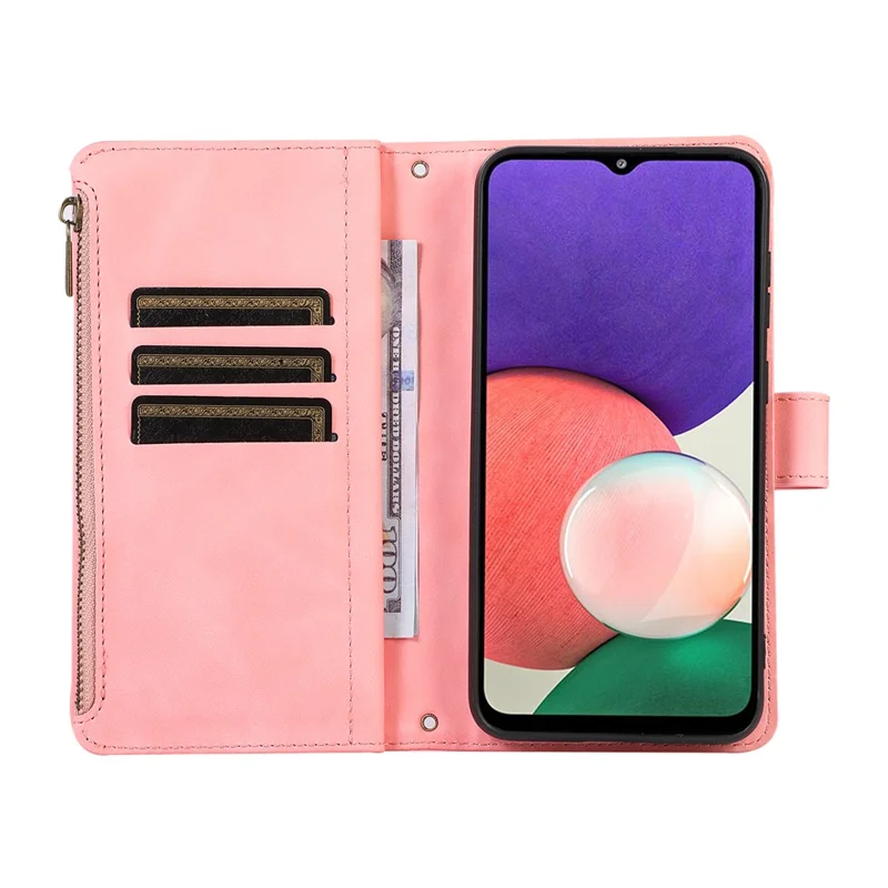 For Samsung Galaxy A12 Cell Phone Case 9 Card Slots Zipper Pocket Anti-scratch Leather Cover - Rose Gold