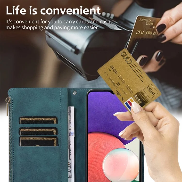 Imprinted Leather Cover for Samsung Galaxy A22 5G (EU Version) Case Zipper Pocket Card Slots Phone Shell - Green