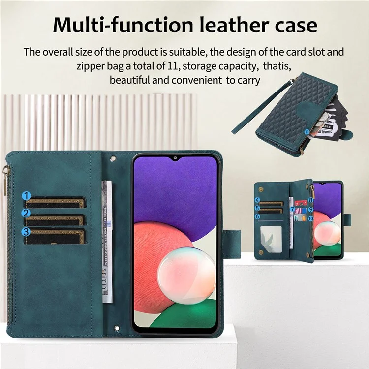 Imprinted Leather Cover for Samsung Galaxy A22 5G (EU Version) Case Zipper Pocket Card Slots Phone Shell - Green