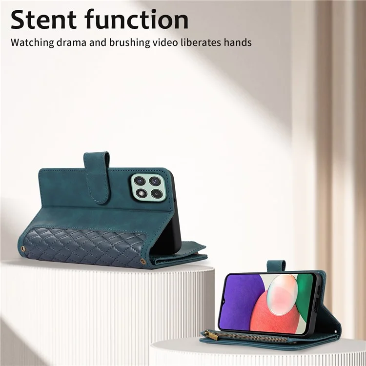 Imprinted Leather Cover for Samsung Galaxy A22 5G (EU Version) Case Zipper Pocket Card Slots Phone Shell - Green