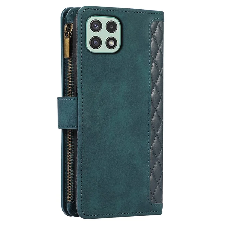 Imprinted Leather Cover for Samsung Galaxy A22 5G (EU Version) Case Zipper Pocket Card Slots Phone Shell - Green