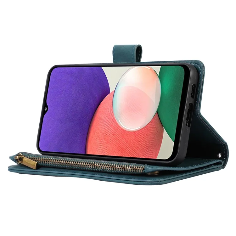 Imprinted Leather Cover for Samsung Galaxy A22 5G (EU Version) Case Zipper Pocket Card Slots Phone Shell - Green