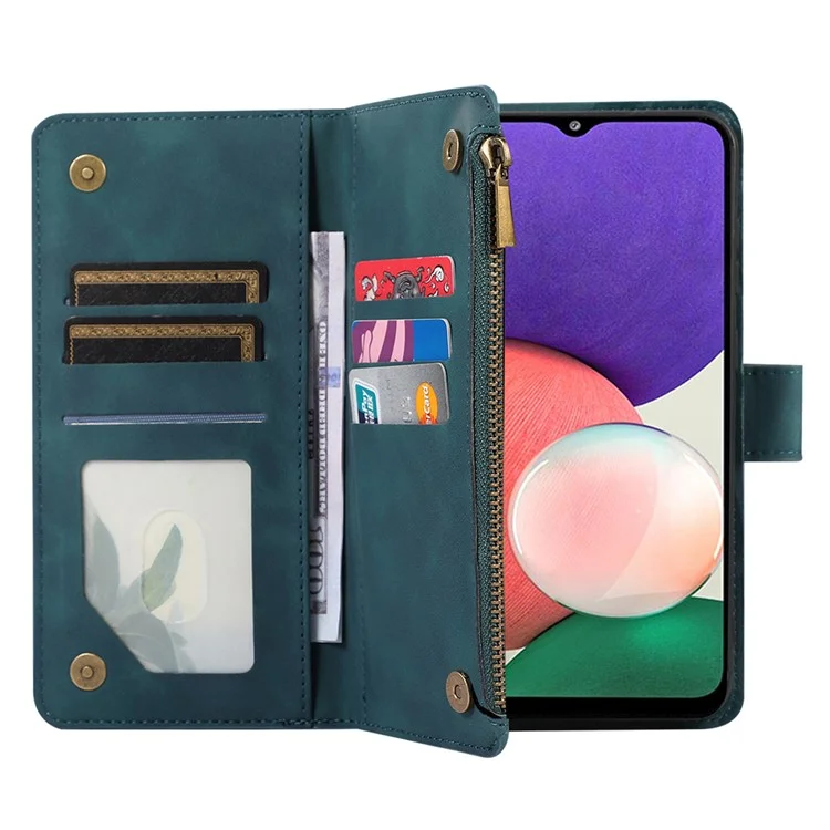 Imprinted Leather Cover for Samsung Galaxy A22 5G (EU Version) Case Zipper Pocket Card Slots Phone Shell - Green