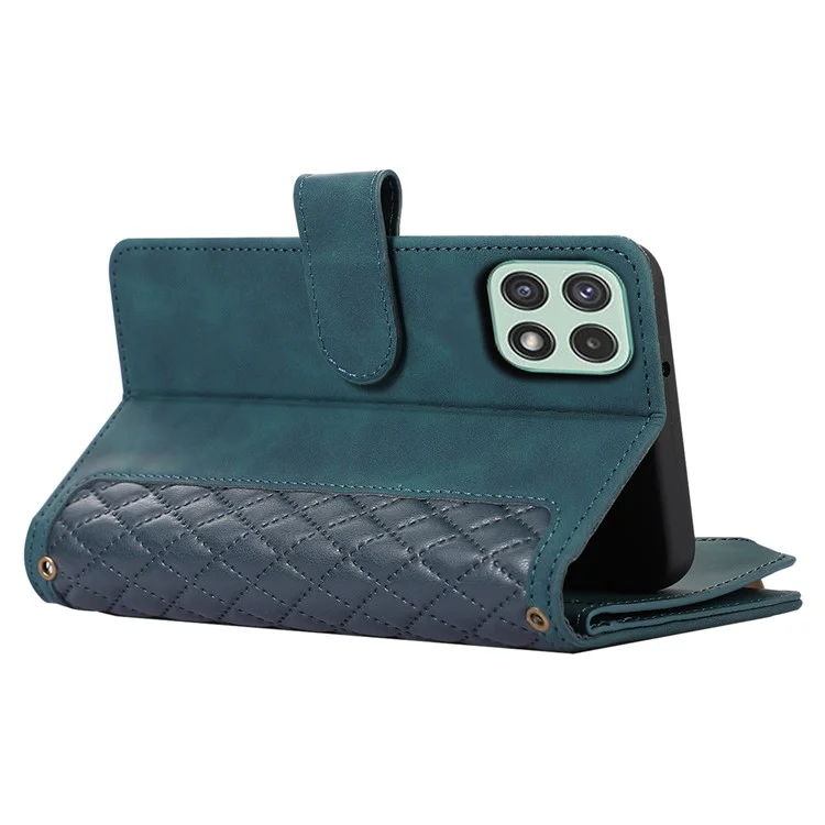 Imprinted Leather Cover for Samsung Galaxy A22 5G (EU Version) Case Zipper Pocket Card Slots Phone Shell - Green