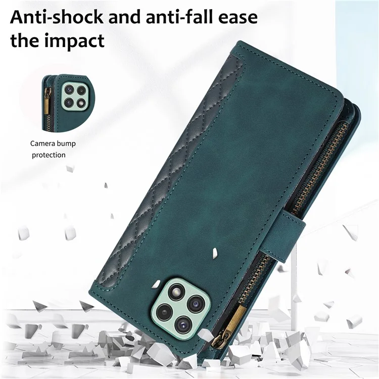 Imprinted Leather Cover for Samsung Galaxy A22 5G (EU Version) Case Zipper Pocket Card Slots Phone Shell - Green