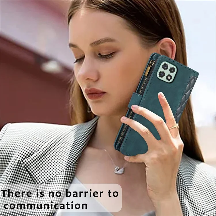 Imprinted Leather Cover for Samsung Galaxy A22 5G (EU Version) Case Zipper Pocket Card Slots Phone Shell - Green