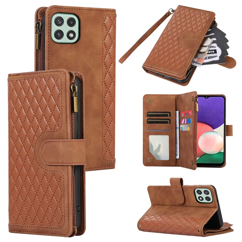 Imprinted Leather Cover for Samsung Galaxy A22 5G (EU Version) Case Zipper Pocket Card Slots Phone Shell - Brown