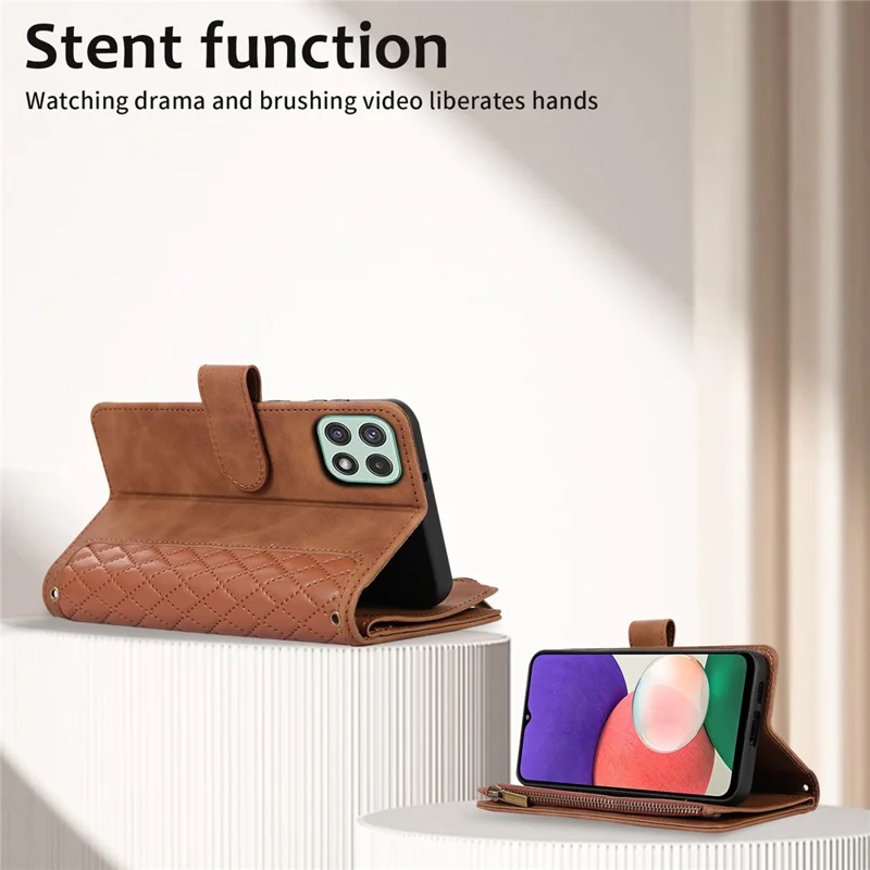 Imprinted Leather Cover for Samsung Galaxy A22 5G (EU Version) Case Zipper Pocket Card Slots Phone Shell - Brown