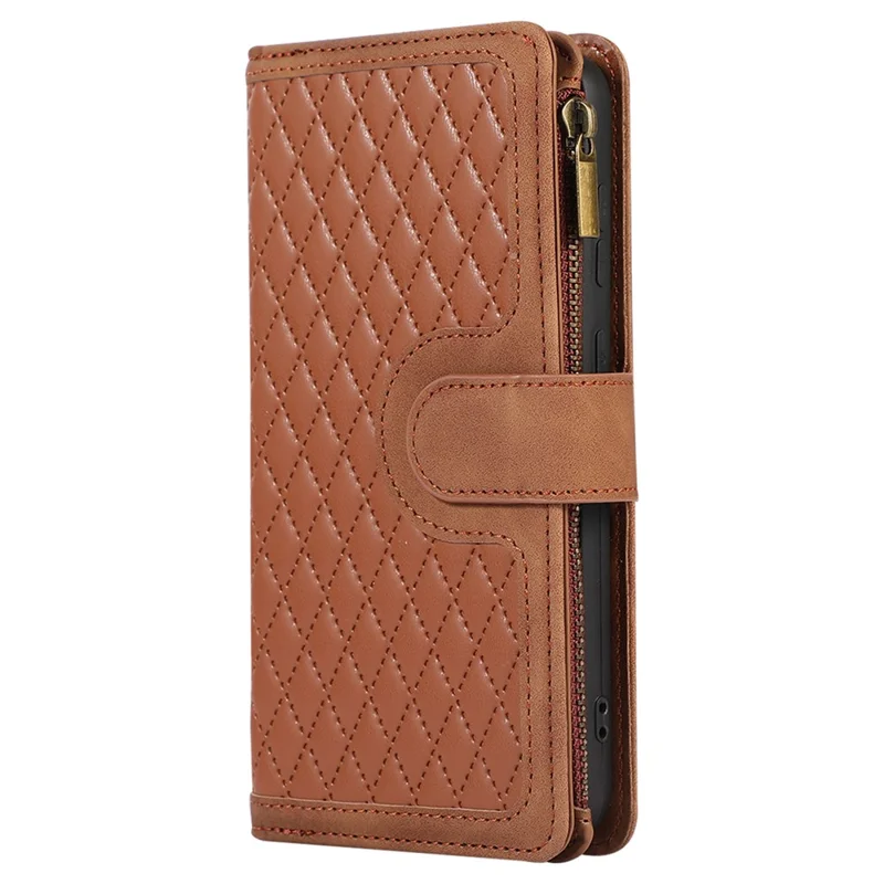 Imprinted Leather Cover for Samsung Galaxy A22 5G (EU Version) Case Zipper Pocket Card Slots Phone Shell - Brown