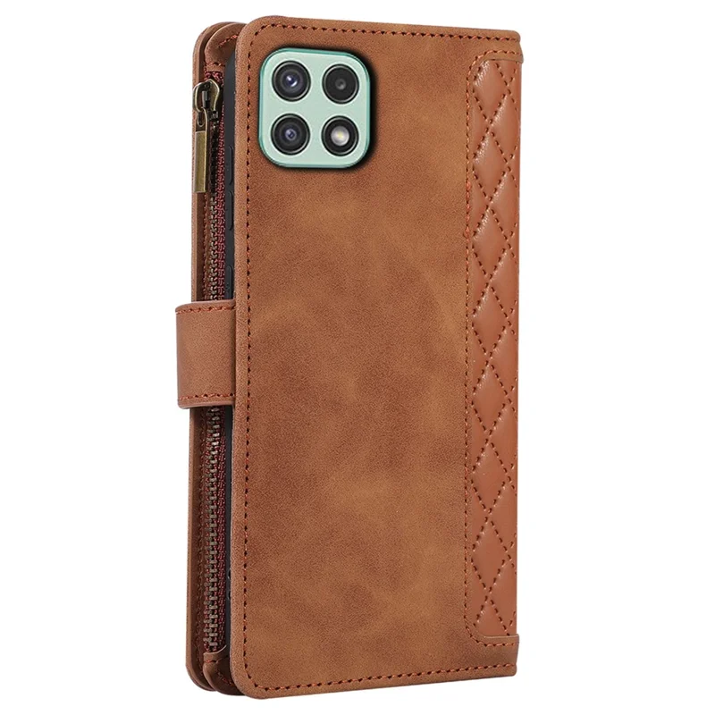 Imprinted Leather Cover for Samsung Galaxy A22 5G (EU Version) Case Zipper Pocket Card Slots Phone Shell - Brown