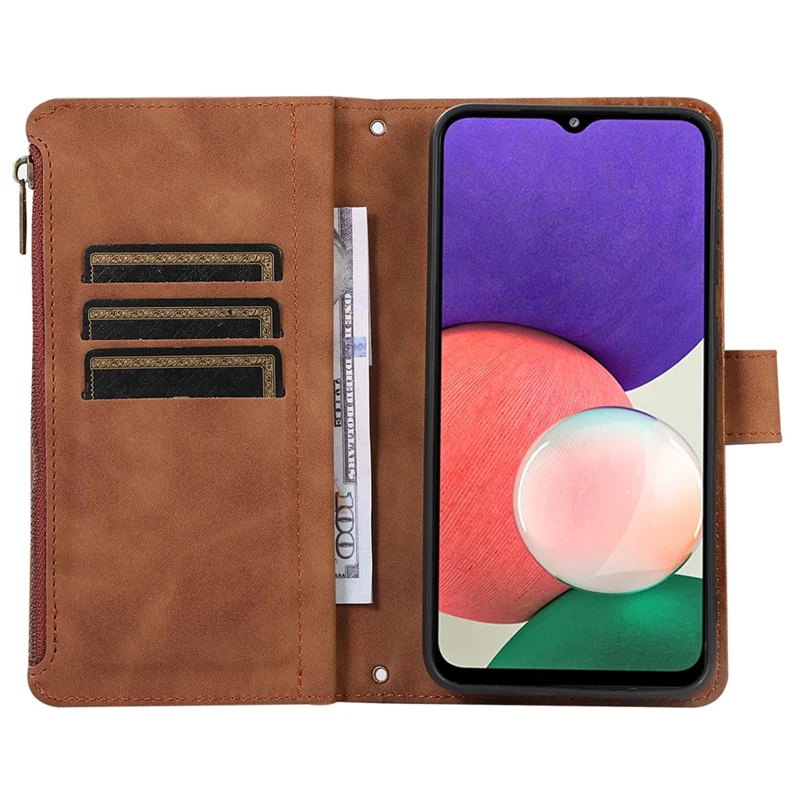Imprinted Leather Cover for Samsung Galaxy A22 5G (EU Version) Case Zipper Pocket Card Slots Phone Shell - Brown