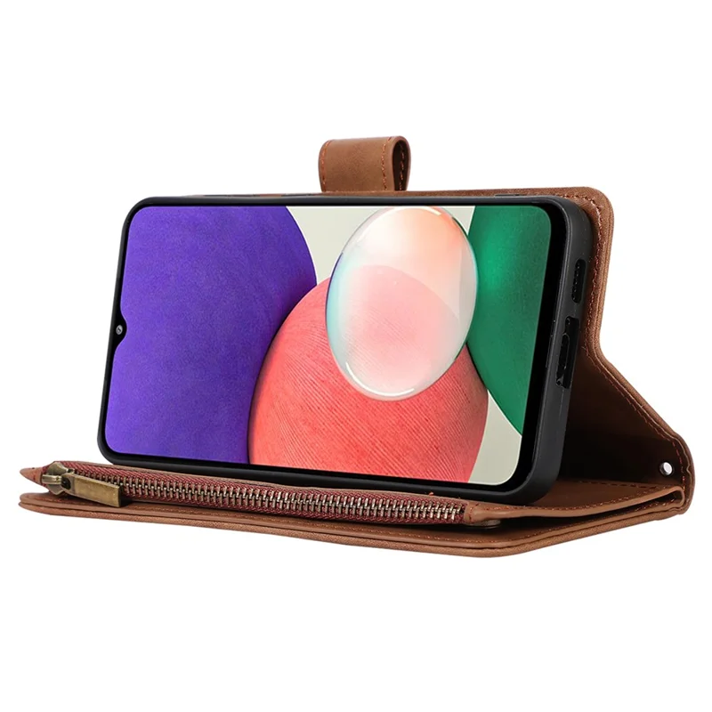 Imprinted Leather Cover for Samsung Galaxy A22 5G (EU Version) Case Zipper Pocket Card Slots Phone Shell - Brown