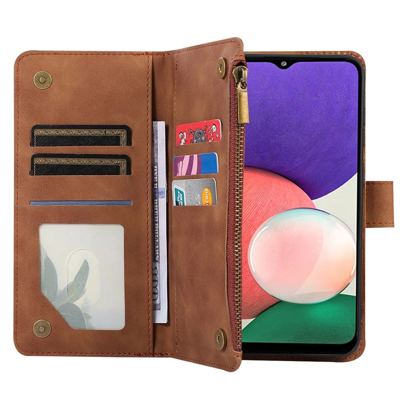 Imprinted Leather Cover for Samsung Galaxy A22 5G (EU Version) Case Zipper Pocket Card Slots Phone Shell - Brown