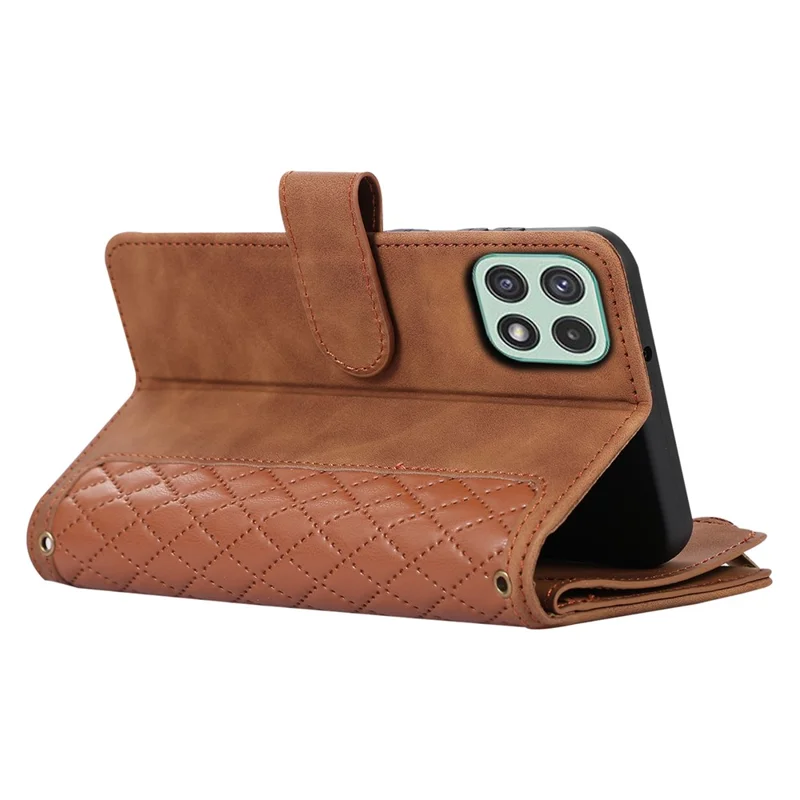 Imprinted Leather Cover for Samsung Galaxy A22 5G (EU Version) Case Zipper Pocket Card Slots Phone Shell - Brown