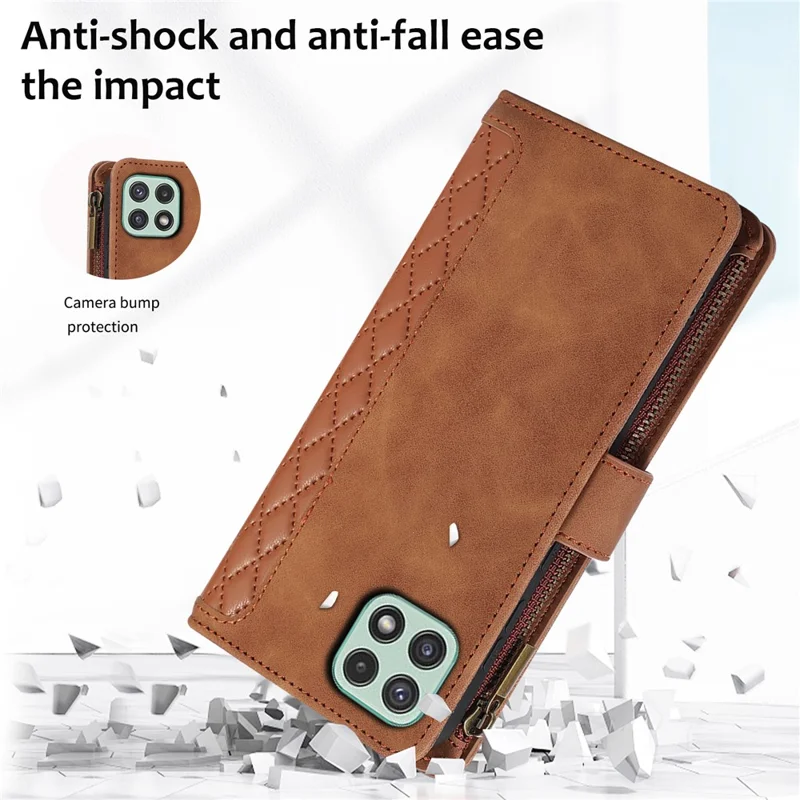 Imprinted Leather Cover for Samsung Galaxy A22 5G (EU Version) Case Zipper Pocket Card Slots Phone Shell - Brown