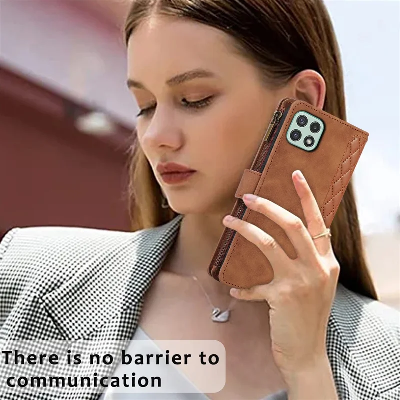 Imprinted Leather Cover for Samsung Galaxy A22 5G (EU Version) Case Zipper Pocket Card Slots Phone Shell - Brown