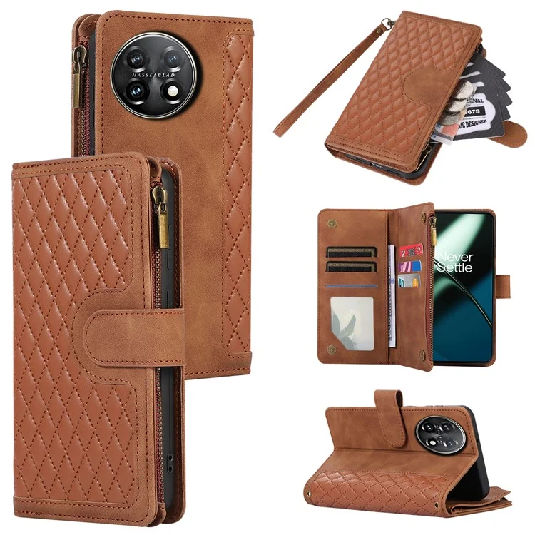 Funda de cuero para OnePlus 11 5G Carcasa Impresión de Rombo Bolsillo con Cremallera Cubierta del Teléfono con Correa de Mano - Marrón