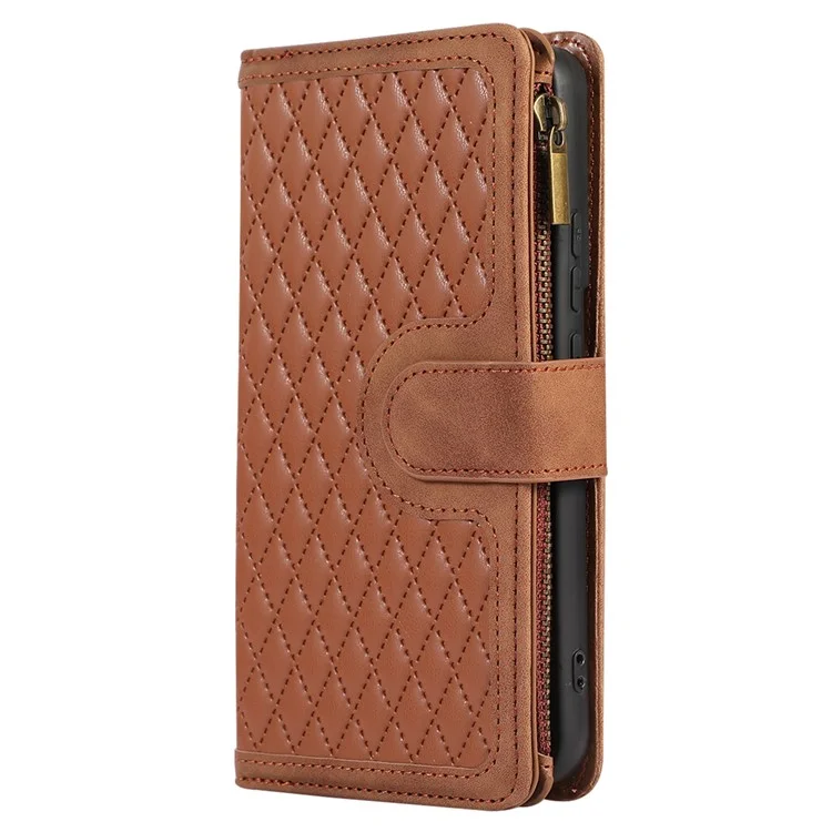 Funda de cuero para OnePlus 11 5G Carcasa Impresión de Rombo Bolsillo con Cremallera Cubierta del Teléfono con Correa de Mano - Marrón