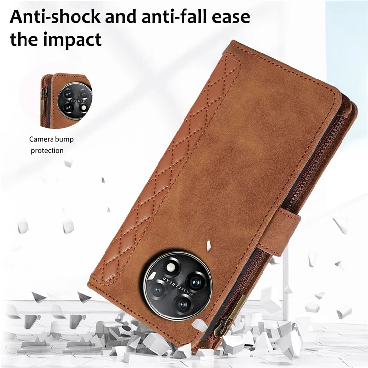 Funda de cuero para OnePlus 11 5G Carcasa Impresión de Rombo Bolsillo con Cremallera Cubierta del Teléfono con Correa de Mano - Marrón