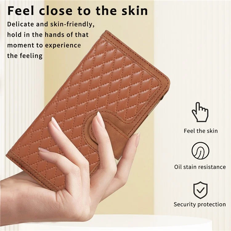 Funda de cuero para OnePlus 11 5G Carcasa Impresión de Rombo Bolsillo con Cremallera Cubierta del Teléfono con Correa de Mano - Marrón