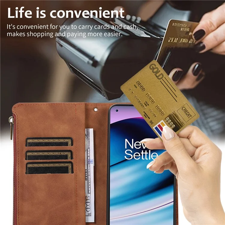 Funda de cuero para OnePlus 11 5G Carcasa Impresión de Rombo Bolsillo con Cremallera Cubierta del Teléfono con Correa de Mano - Marrón