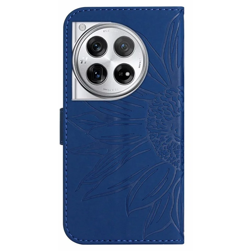 HT04 Wallet Phone Case for OnePlus 12 5G PU Leather Sunflower Pattern Cover with Wrist Strap - Sapphire
