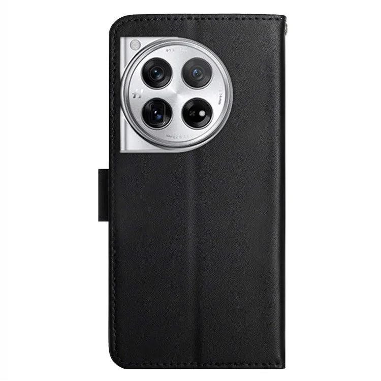 HT02 For OnePlus 12 5G Case Genuine Cow Leather Stand Wallet Cell Phone Cover - Black