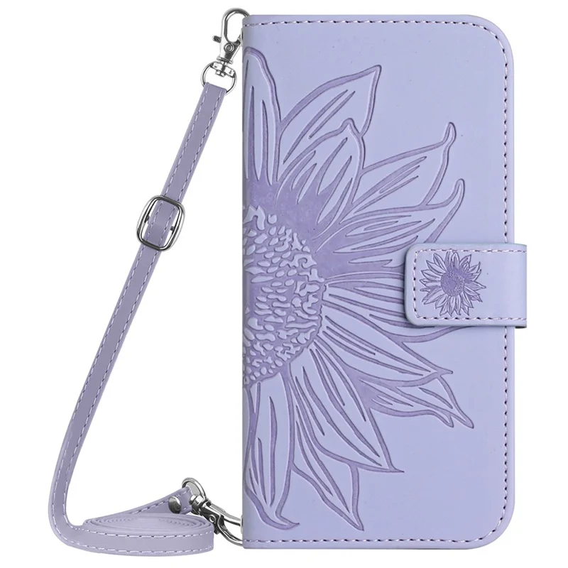 HT04 For OnePlus 12 5G PU Leather Case Sunflower Imprinted Phone Cover with Shoulder Strap - Light Purple