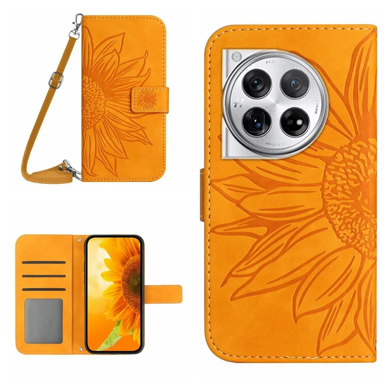 HT04 For OnePlus 12 5G PU Leather Case Sunflower Imprinted Phone Cover with Shoulder Strap - Yellow