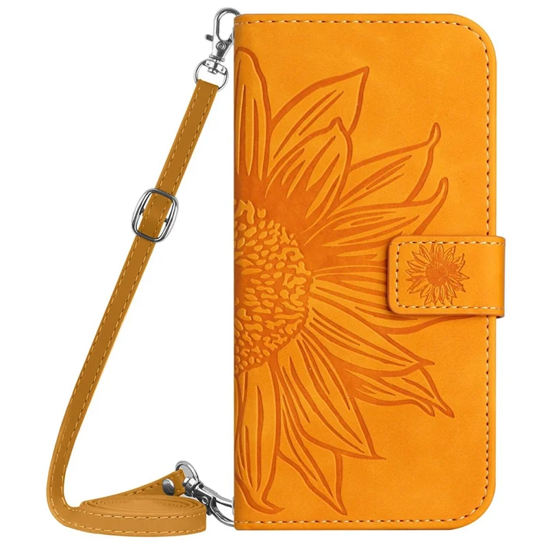 HT04 For OnePlus 12 5G PU Leather Case Sunflower Imprinted Phone Cover with Shoulder Strap - Yellow