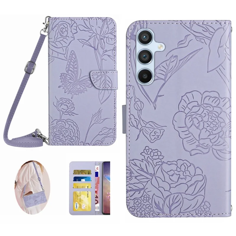 HT03 Wallet Case for Samsung Galaxy A55 5G Flip Leather Case with Shoulder Strap Phone Wallet - Purple