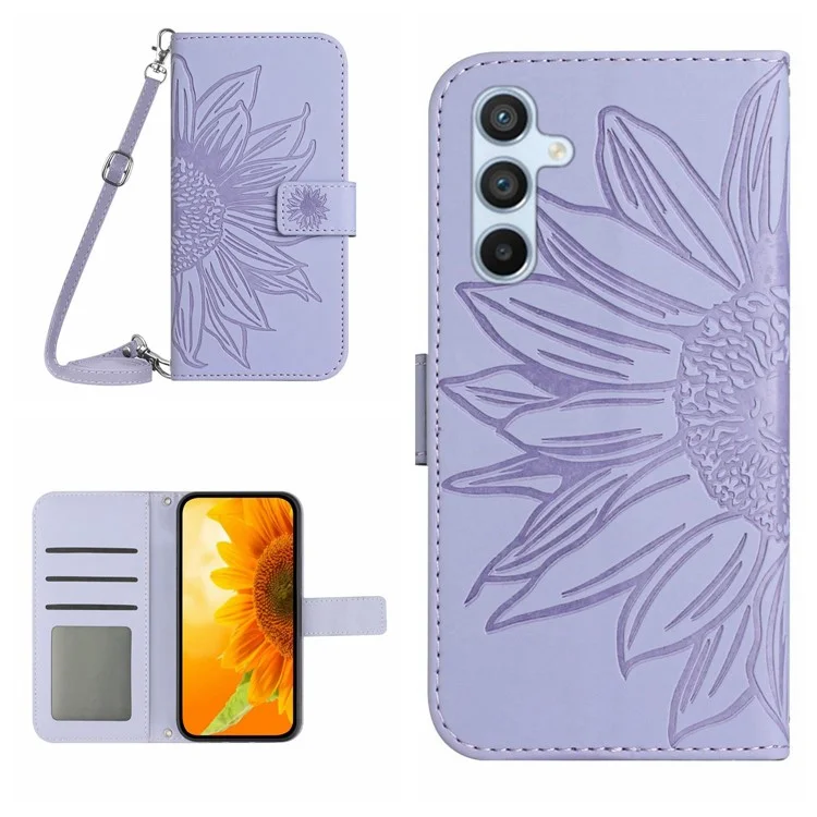 HT04 For Samsung Galaxy A55 5G Leather Case Sunflower Wallet Cover with Shoulder Strap - Light Purple