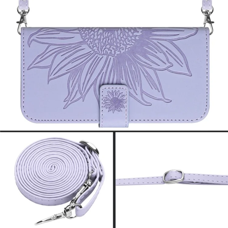 HT04 For Samsung Galaxy A55 5G Leather Case Sunflower Wallet Cover with Shoulder Strap - Light Purple