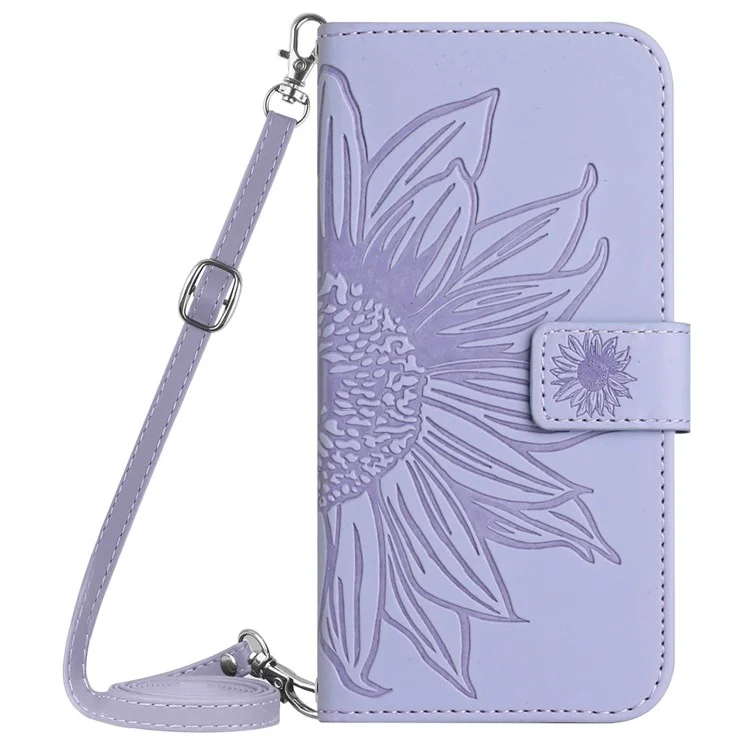 HT04 For Samsung Galaxy A55 5G Leather Case Sunflower Wallet Cover with Shoulder Strap - Light Purple