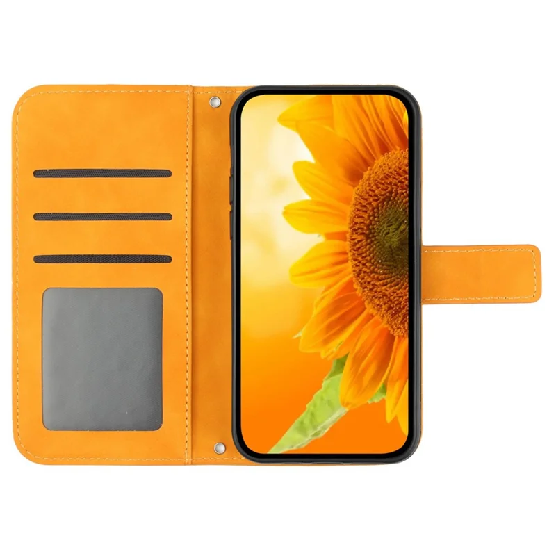 HT04 For Samsung Galaxy A55 5G Leather Case Sunflower Wallet Cover with Shoulder Strap - Yellow