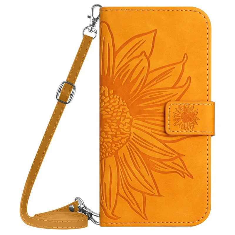 HT04 For Samsung Galaxy A55 5G Leather Case Sunflower Wallet Cover with Shoulder Strap - Yellow