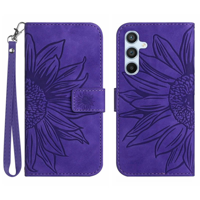 HT04 Para Samsung Galaxy A55 5G Sunflower Leather Wallet Case con Muñequera - Púrpura Oscuro