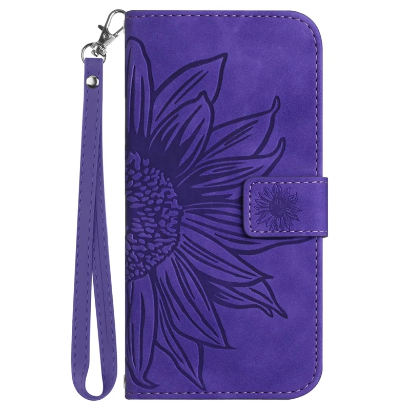 HT04 Para Samsung Galaxy A55 5G Sunflower Leather Wallet Case con Muñequera - Púrpura Oscuro