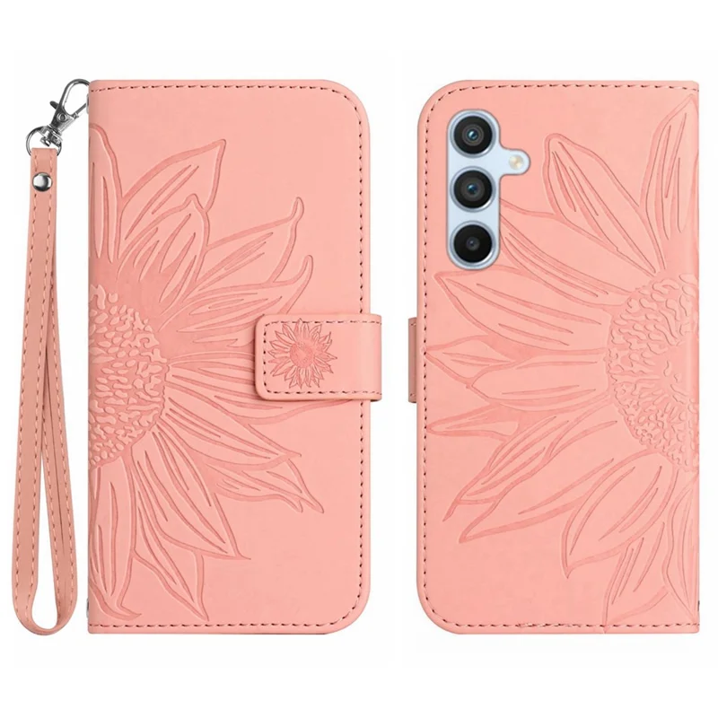 HT04 For Samsung Galaxy A35 5G Phone Case Wrist Strap Wallet Sunflower Cover - Pink
