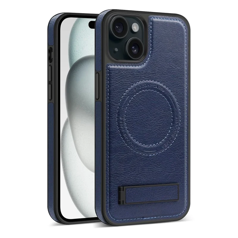 For iPhone 15 Plus Case Compatible with MagSafe Kickstand Leather Phone Back Cover - Sapphire