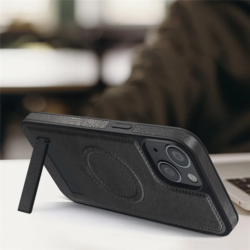For iPhone 15 Plus Case Compatible with MagSafe Kickstand Leather Phone Back Cover - Sapphire