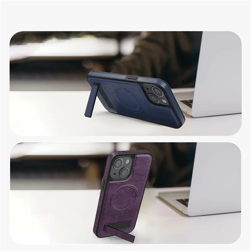 For iPhone 15 Plus Case Compatible with MagSafe Kickstand Leather Phone Back Cover - Sapphire