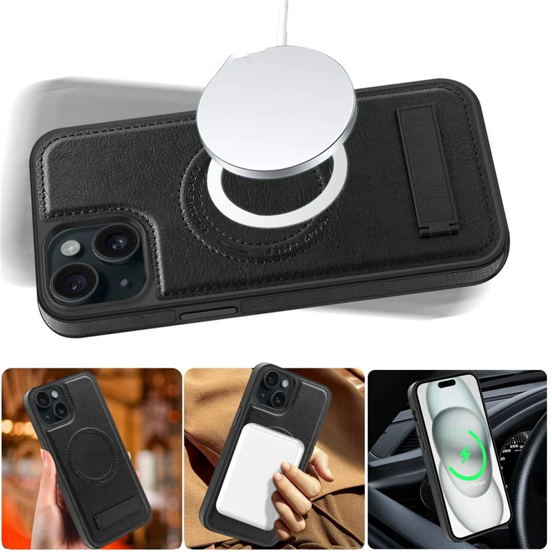 For iPhone 15 Plus Case Compatible with MagSafe Kickstand Leather Phone Back Cover - Sapphire
