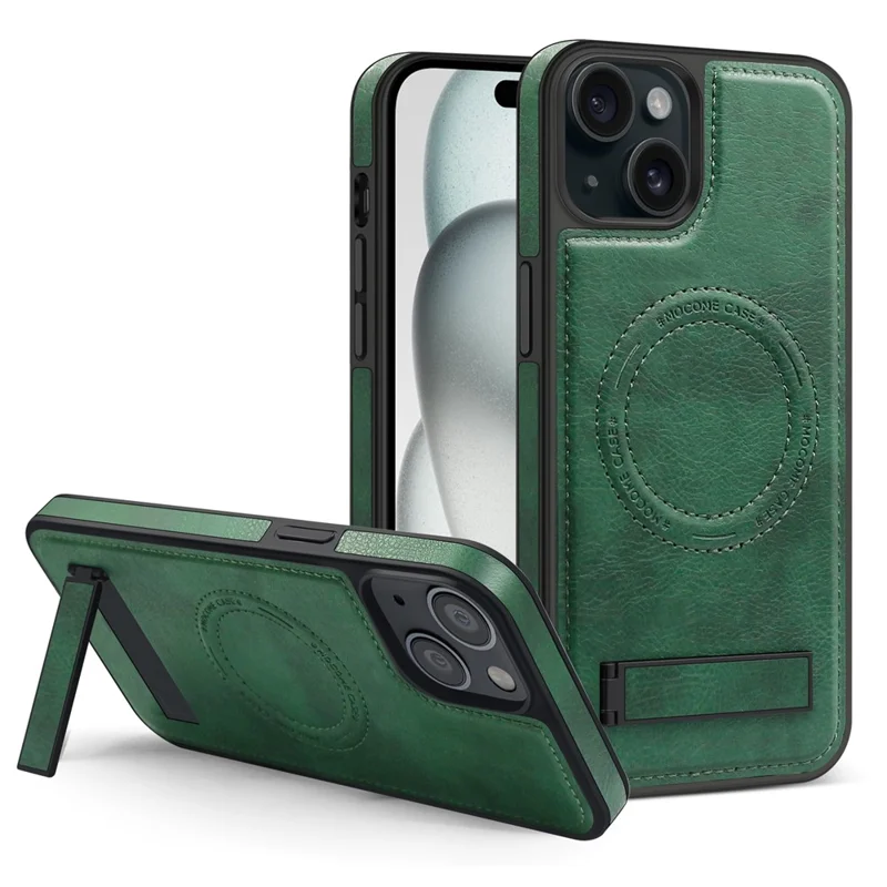 Für iPhone 15 Plus Case PU-Leder beschichtetes TPU + PC Ständer Handyhülle kompatibel mit MagSafe - Dunkelgrün