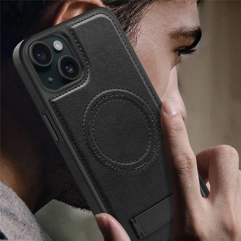 Für iPhone 15 Plus Case PU-Leder beschichtetes TPU + PC Ständer Handyhülle kompatibel mit MagSafe - Dunkelgrün