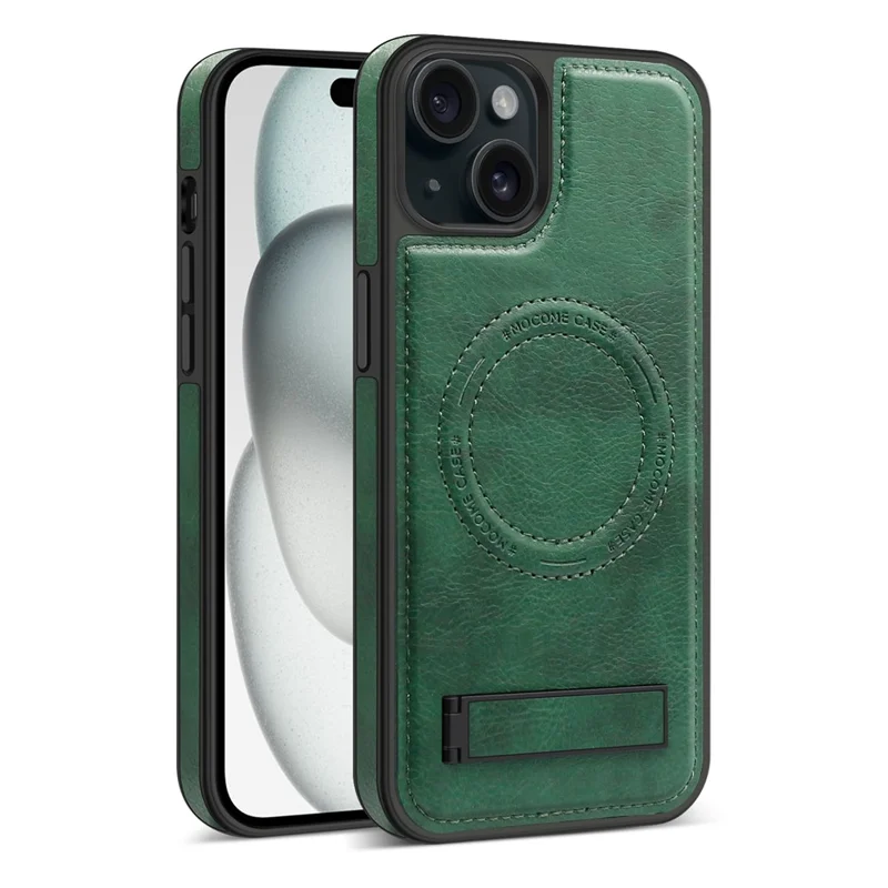 Für iPhone 15 Plus Case PU-Leder beschichtetes TPU + PC Ständer Handyhülle kompatibel mit MagSafe - Dunkelgrün