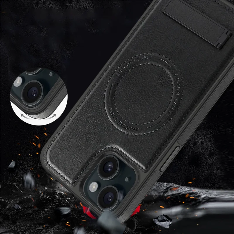 Für iPhone 15 Plus Case PU-Leder beschichtetes TPU + PC Ständer Handyhülle kompatibel mit MagSafe - Dunkelgrün