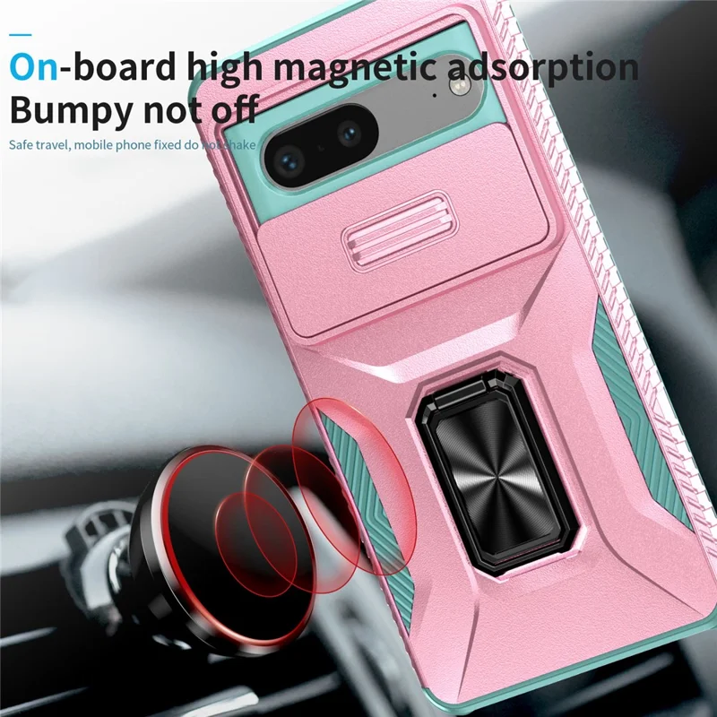 For Google Pixel 7 5G Phone Case with Slide Camera Lens Cover Ring Kickstand Holder - Pink+Cyan