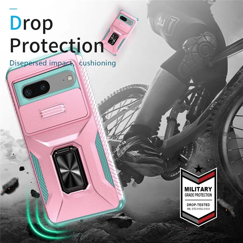 For Google Pixel 7 5G Phone Case with Slide Camera Lens Cover Ring Kickstand Holder - Pink+Cyan